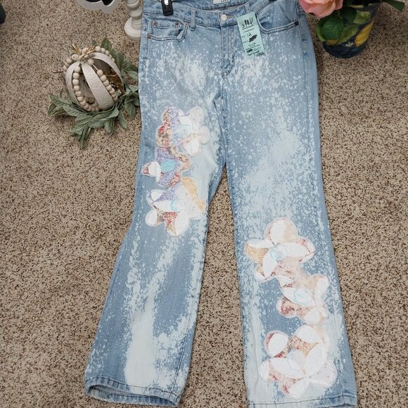 3794 Size 12 RNIT Upcycled BleachDyed Quilted Applique Boot Cut Jeans. - Picture 1 of 6